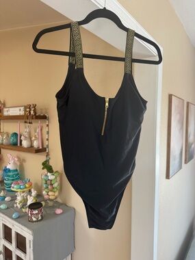 Black One-Piece Swimsuit with Gold Zip & Patterned Straps